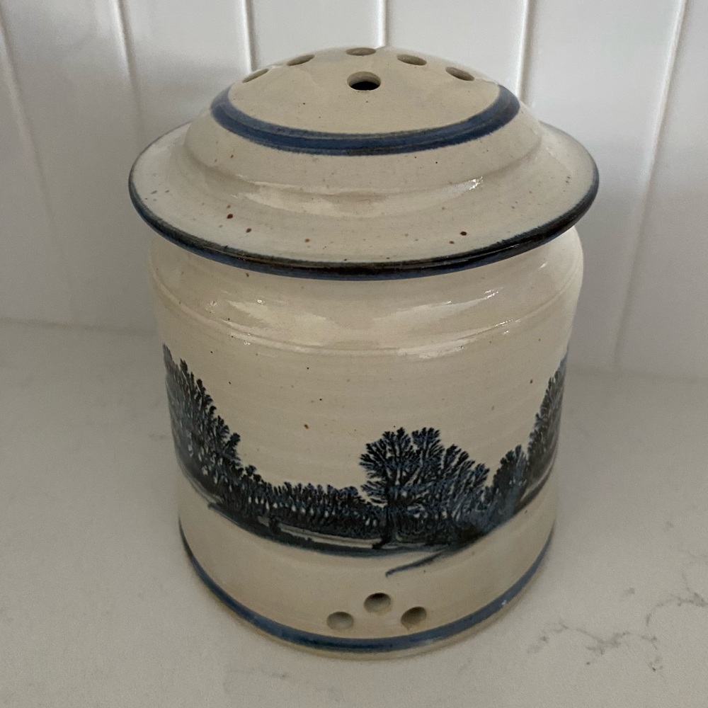 Vintage Handcrafted Jar with Blue Landscape Design